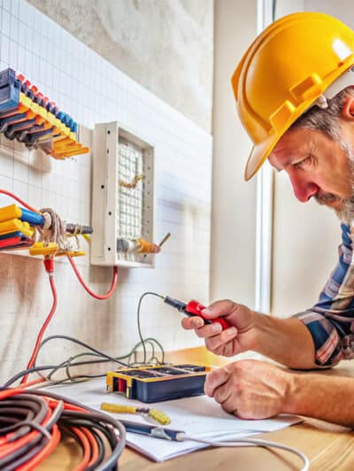 Villanyszerelő szaki elektromos javítást végez műhelyben, ipari és otthoni kábelezéshez.