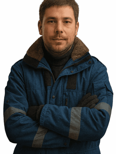 Villanyszerelő szakember szabadtéri munkában, kék munkaruhában, önbizalommal és professzionalitással vállal villanyszerelési szolgáltatásokat Pest megyében.